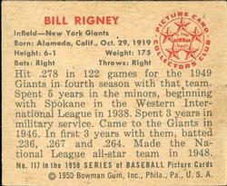1950 Bowman #117 Bill Rigney Back