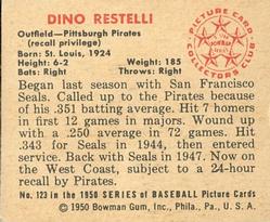 1950 Bowman #123 Dino Restelli Back