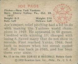 1950 Bowman #12 Joe Page Back