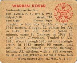 1950 Bowman #136 Warren Rosar Back