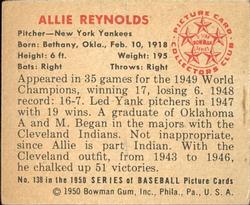 1950 Bowman #138 Allie Reynolds Back