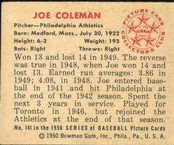 1950 Bowman #141 Joe Coleman Back