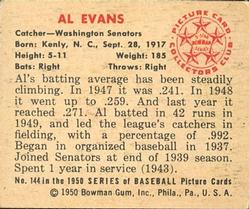 1950 Bowman #144 Al Evans Back