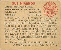 1950 Bowman #154 Gus Niarhos Back