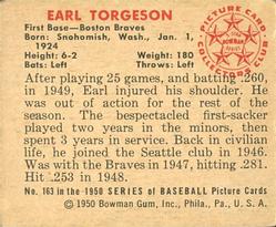 1950 Bowman #163 Earl Torgeson Back