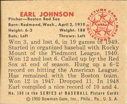 1950 Bowman #188 Earl Johnson Back
