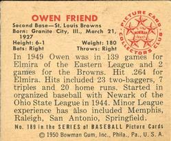 1950 Bowman #189 Owen Friend Back