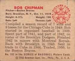1950 Bowman #192 Bob Chipman Back