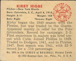 1950 Bowman #200 Kirby Higbe Back