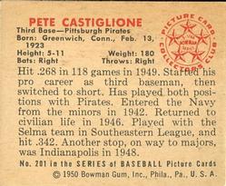 1950 Bowman #201 Pete Castiglione Back