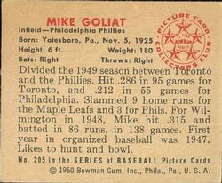 1950 Bowman #205 Mike Goliat Back
