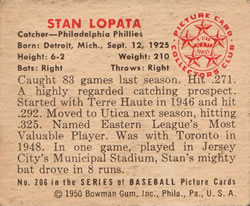 1950 Bowman #206 Stan Lopata Back
