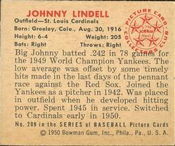 1950 Bowman #209 Johnny Lindell Back