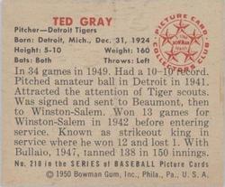 1950 Bowman #210 Ted Gray Back