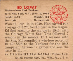 1950 Bowman #215 Ed Lopat Back