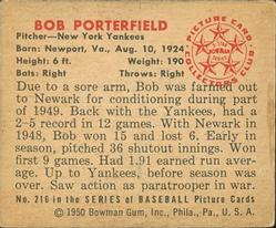 1950 Bowman #216 Bob Porterfield Back
