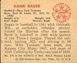 1950 Bowman #219 Hank Bauer Back