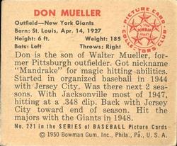 1950 Bowman #221 Don Mueller Back