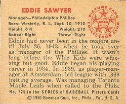 1950 Bowman #225 Eddie Sawyer Back
