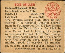 1950 Bowman #227 Bob Miller Back