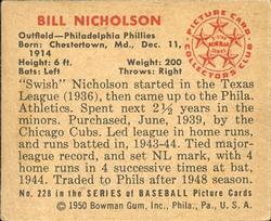 1950 Bowman #228 Bill Nicholson Back