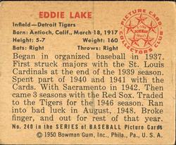 1950 Bowman #240 Eddie Lake Back