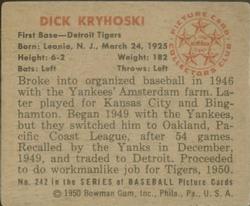 1950 Bowman #242 Dick Kryhoski Back