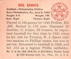 1950 Bowman #31 Del Ennis Back