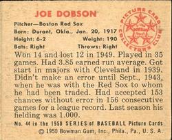 1950 Bowman #44 Joe Dobson Back