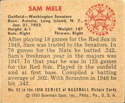 1950 Bowman #52 Sam Mele Back
