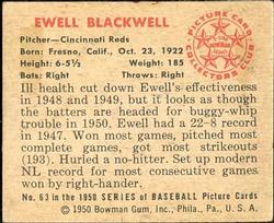 1950 Bowman #63 Ewell Blackwell Back