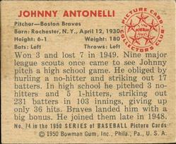 1950 Bowman #74 Johnny Antonelli Back