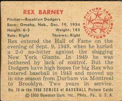 1950 Bowman #76 Rex Barney Back