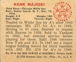 1950 Bowman #92 Hank Majeski Back