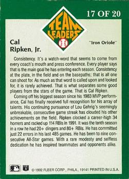 1992 Fleer - Team Leaders #17 Cal Ripken, Jr. Back
