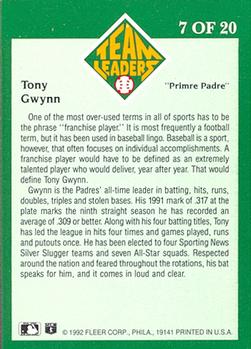 1992 Fleer - Team Leaders #7 Tony Gwynn Back