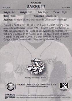 2010 Choice Vermont Lake Monsters #1 Aaron Barrett Back