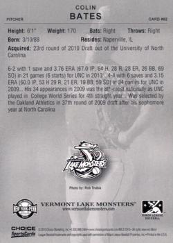 2010 Choice Vermont Lake Monsters #2 Colin Bates Back