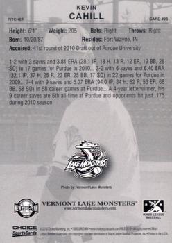 2010 Choice Vermont Lake Monsters #3 Kevin Cahill Back