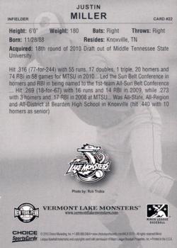 2010 Choice Vermont Lake Monsters #22 Justin Miller Back