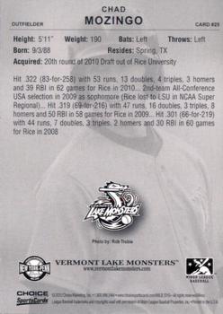 2010 Choice Vermont Lake Monsters #25 Chad Mozingo Back