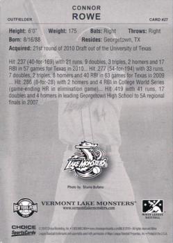 2010 Choice Vermont Lake Monsters #27 Connor Rowe Back