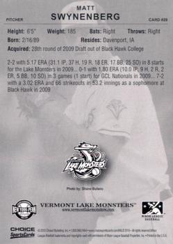 2010 Choice Vermont Lake Monsters #29 Matt Swynenberg Back