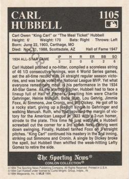 1994 Conlon Collection TSN - Promos #1105 Carl Hubbell Back