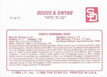 1988 Star Boggs & Gwynn - Glossy #11 Tony Gwynn Back