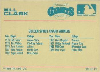 1988 Star Will Clark Bay Bombers Series - Glossy #10 Will Clark Back