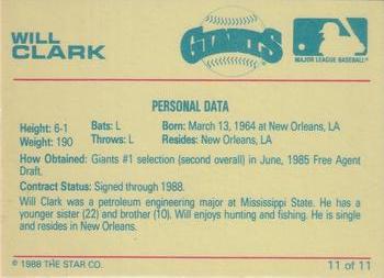1988 Star Will Clark Bay Bombers Series - Glossy #11 Will Clark Back