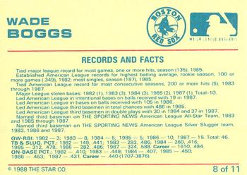 1989 Star Wade Boggs #8 Wade Boggs Back