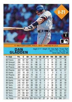 1992 Fleer Update #U-21 Dan Gladden Back