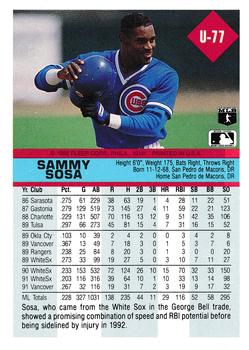 1992 Fleer Update #U-77 Sammy Sosa Back